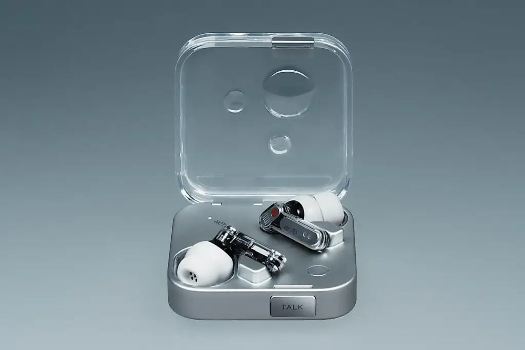 Наушники Nothing Ear 3: супермикрофон и кнопка «talk» на кейсе