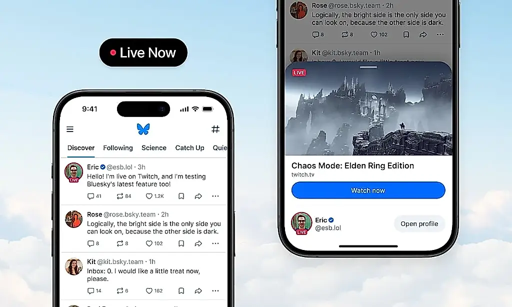Novedades en Bluesky: insignia «Live Now» y cashtags para todos